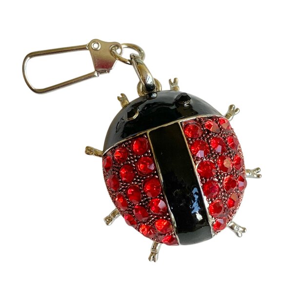 Red Ladybug Keychain Zipper Pull Purse Enamel Charm Backpack Crystal Silver Tone - Picture 1 of 9